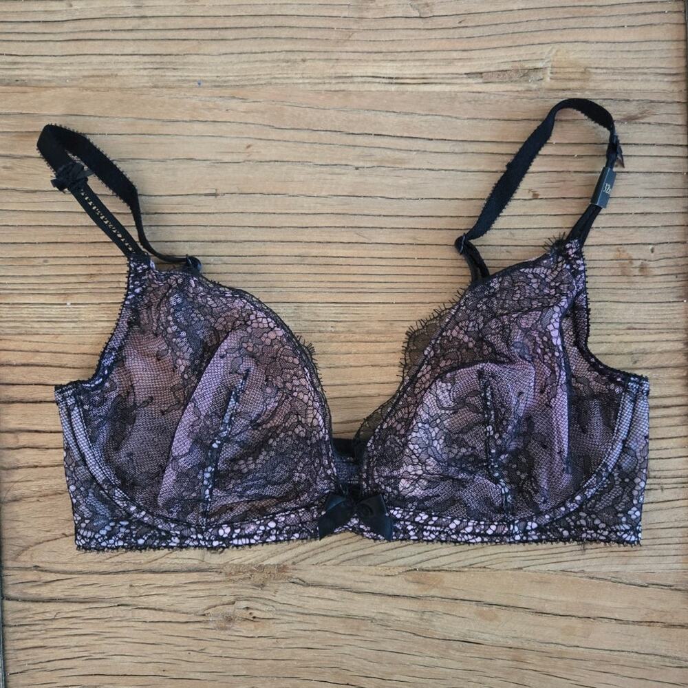 Victoria's Secret Unlined Lace Balconette / Demi Bra sz 32D New Black Pink